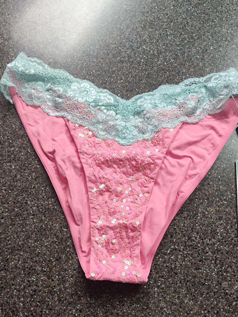 Beach Bunny Pink Bikini Panty with Mint Lace & Sequins